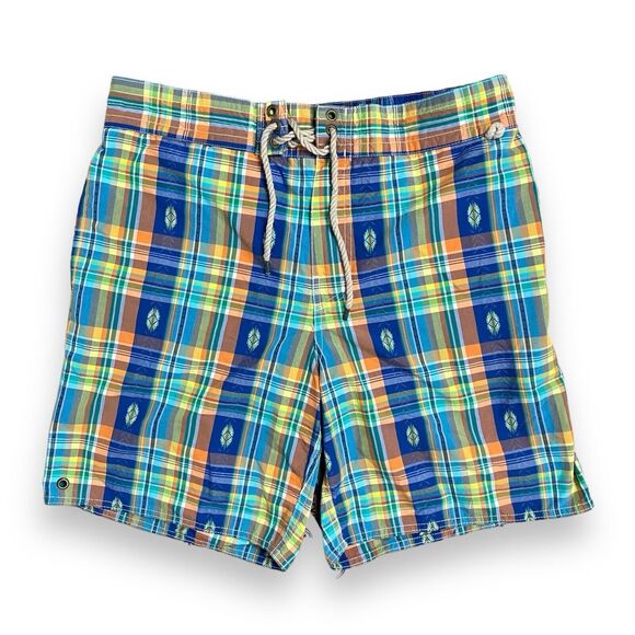 Polo Ralph Lauren Mens L Lined Swim Trunks Shorts Madras Plaid Sanibel Retro - Picture 1 of 10